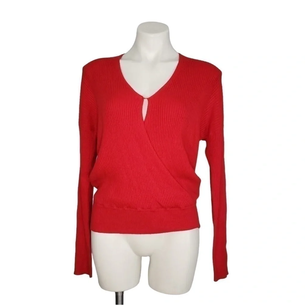 Elodie Red Ribbed Faux Wrap Surplice V Neck Sweater Long Sleeve Size Large Women
